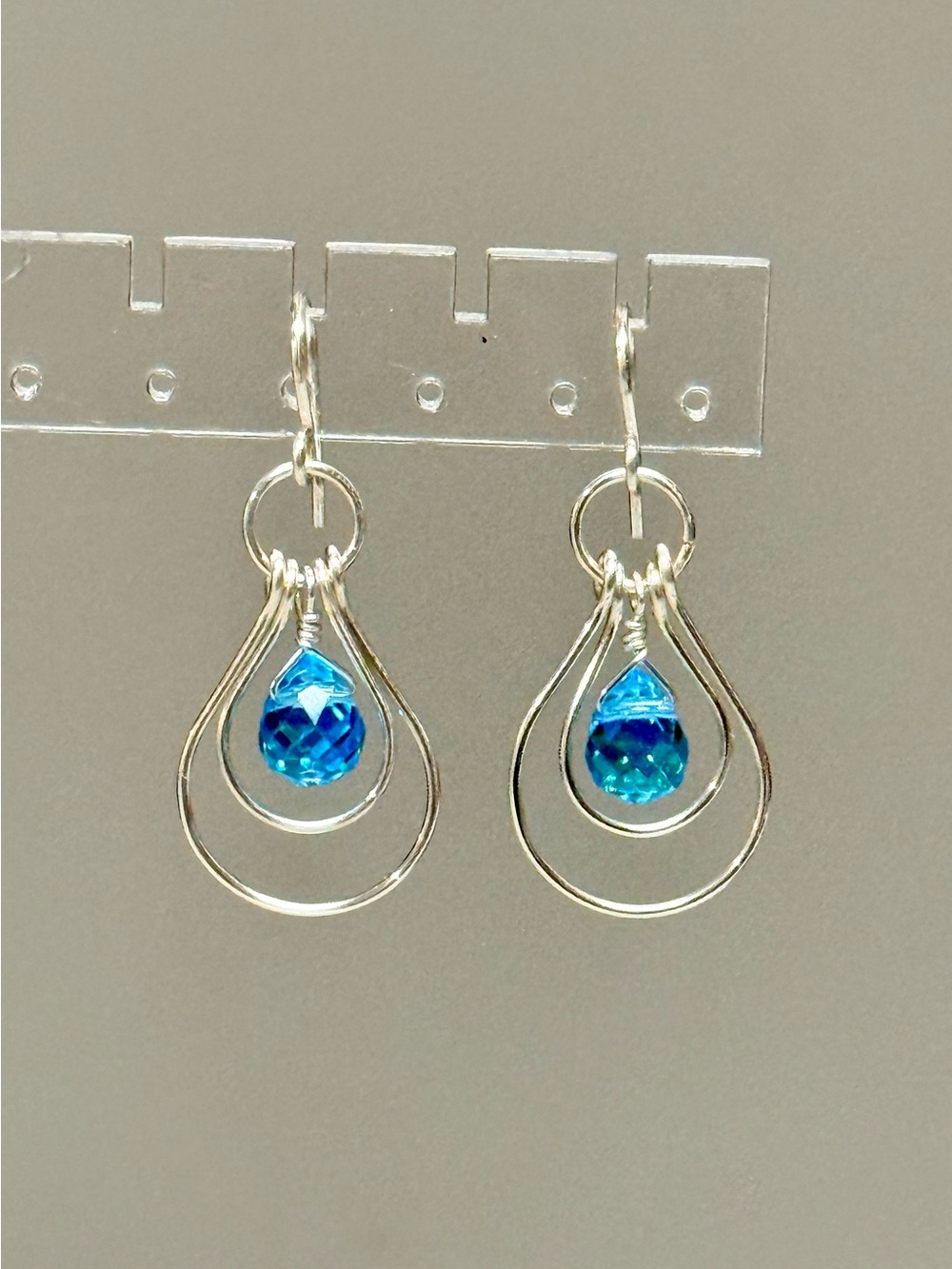 Double Nested Teardrop Hoops Dangle Earrings with Blue Topaz Briolettes Accents